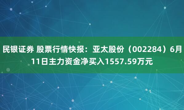 民银证券 股票行情快报:亚太股份(002284)6月11日主力资金净买入1557.59万元